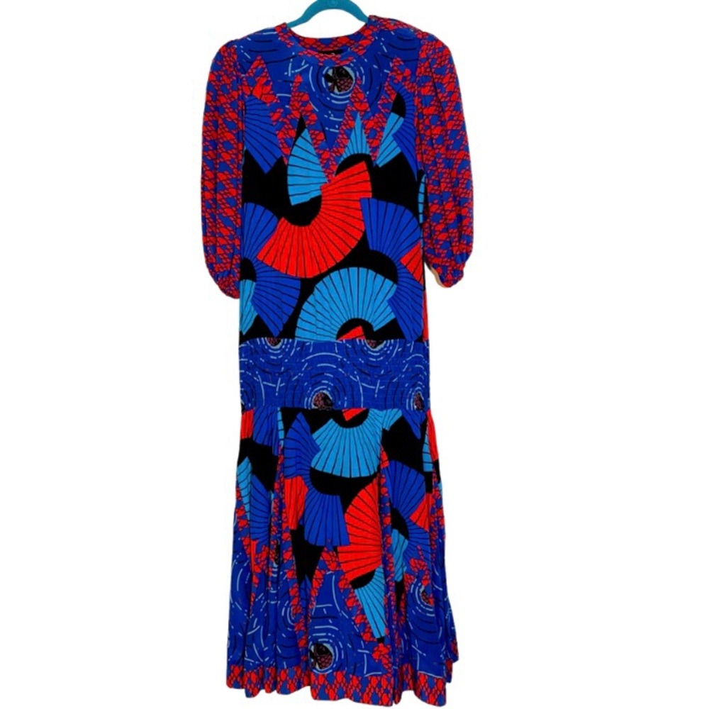 Vintage 80s Diane Fres colorful printed 100% silk button neck drop waist dress